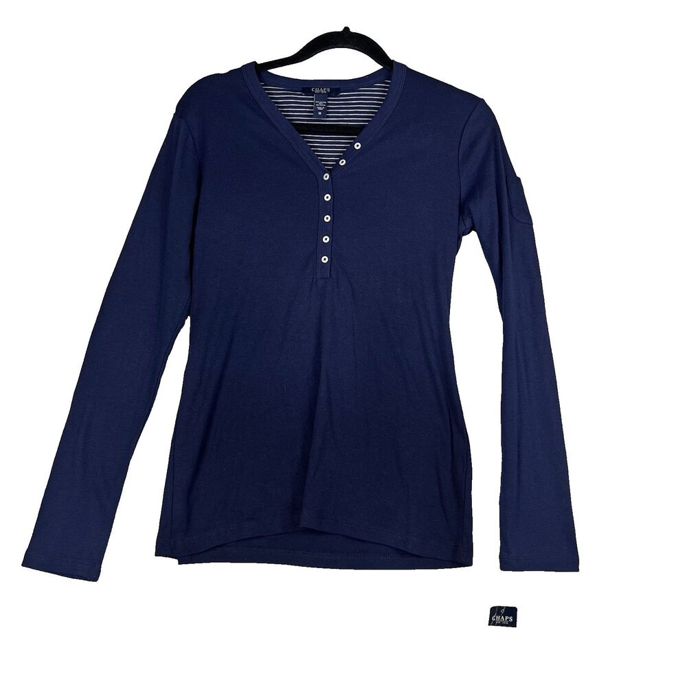 Chaps Y2K‎ Babydoll Medium  Deep V Neck Top Buttons Long Sleeve Blue